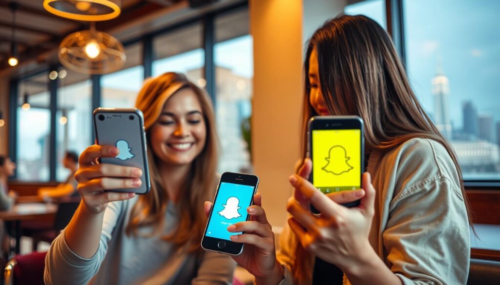 A vibrant and dynamic scene of two friends connecting through Snapchat, set against a modern urban backdrop. In the foreground, their smartphones are held up, screens aglow as they exchange messages and share moments. The middle ground features a stylish coffee shop or cozy lounge, creating a warm and inviting atmosphere. In the background, the city skyline is visible, hinting at the broader social network enabled by this popular social media platform. Soft, natural lighting from large windows casts a gentle glow, while a shallow depth of field keeps the focus on the interpersonal connection. The overall tone conveys a sense of friendly intimacy and the power of technology to bring people together. A vibrant and dynamic scene of two friends connecting through Snapchat, set against a modern urban backdrop. In the foreground, their smartphones are held up, screens aglow as they exchange messages and share moments. The middle ground features a stylish coffee shop or cozy lounge, creating a warm and inviting atmosphere. In the background, the city skyline is visible, hinting at the broader social network enabled by this popular social media platform. Soft, natural lighting from large windows casts a gentle glow, while a shallow depth of field keeps the focus on the interpersonal connection. The overall tone conveys a sense of friendly intimacy and the power of technology to bring people together.