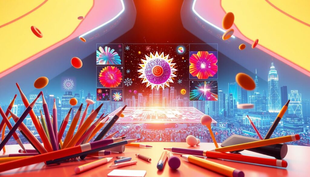 A vibrant, futuristic digital landscape showcasing generative AI tools for image creation. In the foreground, a diverse array of creative implements float and interact - brushes, pencils, erasers, and stylized graphics tablets. The middle ground features a holographic display projecting stunning, AI-generated artworks in a kaleidoscope of colors and styles. In the background, a gleaming, high-tech metropolis stretches out, hinting at the boundless creative potential of these innovative technologies. The scene is bathed in a warm, inviting glow, conveying a sense of limitless imagination and artistic expression. A vibrant, futuristic digital landscape showcasing generative AI tools for image creation. In the foreground, a diverse array of creative implements float and interact - brushes, pencils, erasers, and stylized graphics tablets. The middle ground features a holographic display projecting stunning, AI-generated artworks in a kaleidoscope of colors and styles. In the background, a gleaming, high-tech metropolis stretches out, hinting at the boundless creative potential of these innovative technologies. The scene is bathed in a warm, inviting glow, conveying a sense of limitless imagination and artistic expression.