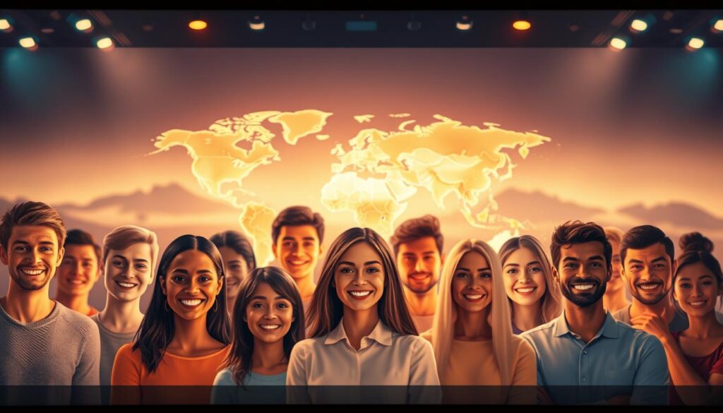 A vibrant, global digital platform with a warm, inviting interface. The foreground features a diverse group of smiling avatars, symbolizing international connections. The middle ground showcases a dynamic, world map visualization, emphasizing the global reach. The background depicts a stylized, ethereal landscape, suggesting a sense of unity and shared experience across borders. Soft, diffused lighting creates a welcoming atmosphere, while a subtle depth of field draws the viewer's focus to the central elements. The overall composition conveys a sense of community, discovery, and the power of technology to bridge cultural divides. A vibrant, global digital platform with a warm, inviting interface. The foreground features a diverse group of smiling avatars, symbolizing international connections. The middle ground showcases a dynamic, world map visualization, emphasizing the global reach. The background depicts a stylized, ethereal landscape, suggesting a sense of unity and shared experience across borders. Soft, diffused lighting creates a welcoming atmosphere, while a subtle depth of field draws the viewer's focus to the central elements. The overall composition conveys a sense of community, discovery, and the power of technology to bridge cultural divides.