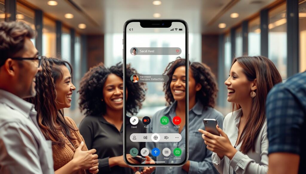 A vibrant, real-time interaction app set against a sleek, modern backdrop. In the foreground, a group of diverse individuals engaged in lively conversation, their expressions animated and connected. The middle ground features a minimalist user interface, streamlined controls, and vivid status indicators, reflecting the app's intuitive and responsive design. The background showcases a subtly blurred cityscape, hinting at the app's ability to facilitate global connections. Soft, warm lighting casts a welcoming glow, creating an atmosphere of comfort and ease. The overall scene conveys a sense of effortless interaction, seamlessly blending technology and human connection. A vibrant, real-time interaction app set against a sleek, modern backdrop. In the foreground, a group of diverse individuals engaged in lively conversation, their expressions animated and connected. The middle ground features a minimalist user interface, streamlined controls, and vivid status indicators, reflecting the app's intuitive and responsive design. The background showcases a subtly blurred cityscape, hinting at the app's ability to facilitate global connections. Soft, warm lighting casts a welcoming glow, creating an atmosphere of comfort and ease. The overall scene conveys a sense of effortless interaction, seamlessly blending technology and human connection.