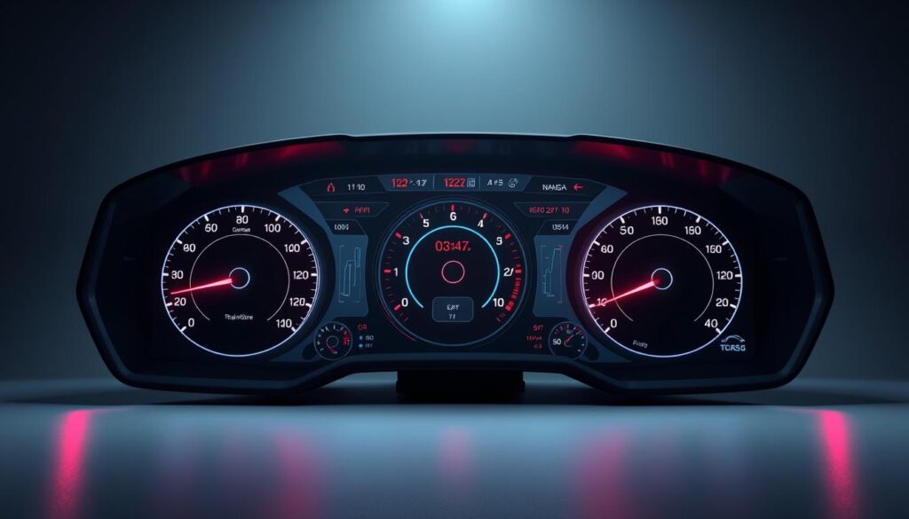 Real-time vehicle data dashboard, showcasing a sleek, high-tech interface with dynamic gauges, charts, and graphs. The scene is set in a modern, minimalist studio environment, with diffused lighting and a subtle reflective surface underfoot. The dashboard elements are rendered in a vibrant, neon-inspired color palette, creating a visually striking and immersive display of real-time vehicle telemetry. The composition emphasizes the sense of precision and control, inviting the viewer to engage with the advanced capabilities of the OBD DroidScan Pro application.
