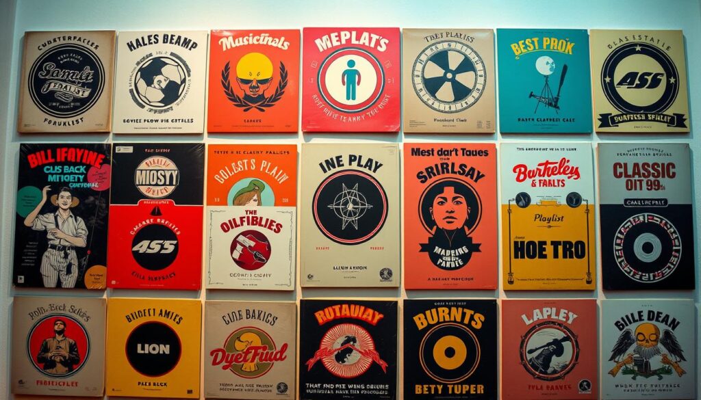 Vibrant playlist covers arranged in a captivating grid, showcasing a diverse range of musical genres and decades. The covers feature bold, eye-catching designs with retro-inspired typography and symbolic imagery that evoke the nostalgia and timeless appeal of classic music. The compositions are presented in a clean, modern layout with a soft, warm lighting that creates a cozy, inviting atmosphere. The overall scene conveys a sense of exploration and discovery, encouraging the viewer to dive into the rich musical tapestry of the past and discover hidden gems.