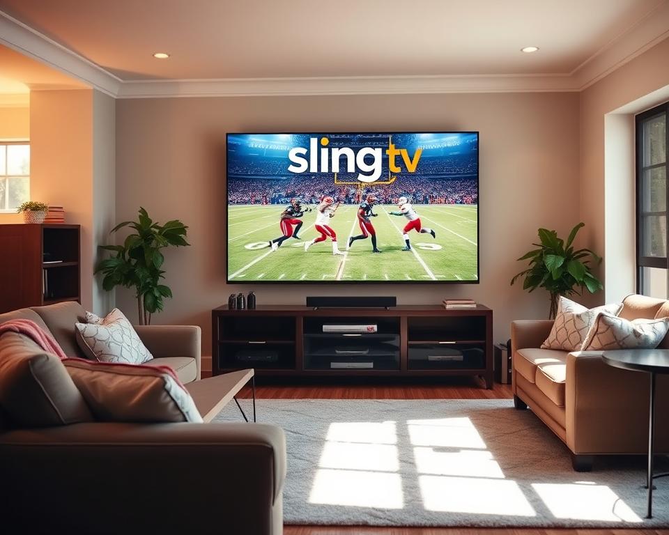A bright and modern living room, filled with cozy furniture and a large flat-screen TV prominently displayed. The TV screen shows the Sling TV logo and an NFL football game in progress, with players in action on the field. The room is bathed in warm, natural lighting, creating a welcoming and inviting atmosphere for sports fans to enjoy the game. The overall scene conveys a sense of comfort, convenience, and the ability to access live NFL content through the Sling TV service.