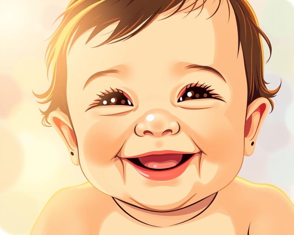 A cheerful, vibrant illustration of a smiling baby's face, bathed in warm, golden natural lighting and framed by a blurred, soft-focus background of soothing pastel hues. The baby's expression is one of joy and wonder, capturing the sense of discovery and growth that characterizes early childhood development. The image conveys a sense of nurturing and care, suitable for an article about useful apps for first-time mothers.