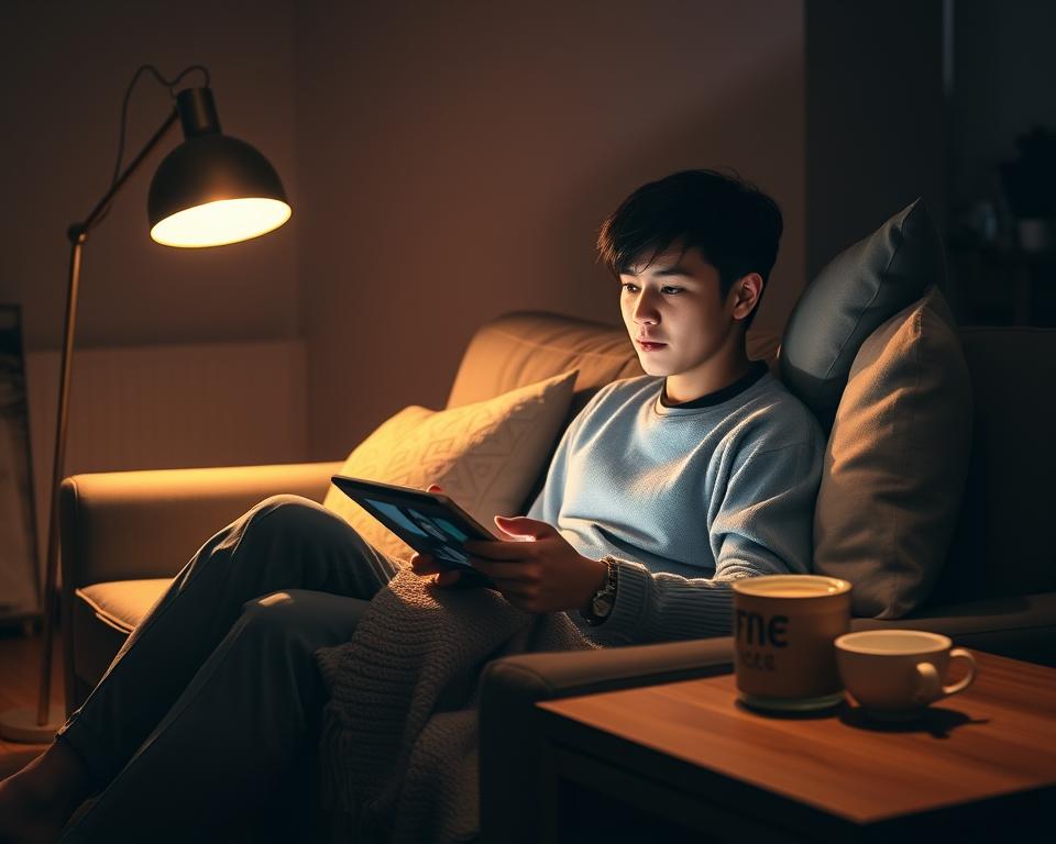 A cozy, dimly lit living room setting with a young person relaxing on a comfortable couch, engrossed in watching a Korean drama on a tablet device. Soft, warm lighting emanates from a nearby floor lamp, casting a gentle glow across the scene. Plush throw pillows and a knitted blanket add to the inviting atmosphere. On a wooden side table, a cup of steaming tea or coffee sits alongside the tablet, conveying a sense of tranquility and contentment. The background features muted, earthy tones, creating a soothing, minimalist backdrop that allows the viewer to focus on the enjoyment of the Korean drama experience.