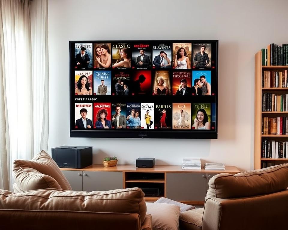 A cozy living room setting, with a large flatscreen TV mounted on the wall. On the screen, a collection of classic romantic movie posters are displayed, showcasing a variety of film genres and styles. In the foreground, a comfortable sofa and armchair invite viewers to curl up and enjoy the free streaming experience. Soft lighting filters through sheer curtains, creating a warm, inviting atmosphere. The background features bookshelves filled with a variety of novels, hinting at the rich storytelling that lies within the free romantic films. The overall scene conveys a sense of relaxation, comfort, and the joy of discovering new cinematic treasures without cost. A cozy living room setting, with a large flatscreen TV mounted on the wall. On the screen, a collection of classic romantic movie posters are displayed, showcasing a variety of film genres and styles. In the foreground, a comfortable sofa and armchair invite viewers to curl up and enjoy the free streaming experience. Soft lighting filters through sheer curtains, creating a warm, inviting atmosphere. The background features bookshelves filled with a variety of novels, hinting at the rich storytelling that lies within the free romantic films. The overall scene conveys a sense of relaxation, comfort, and the joy of discovering new cinematic treasures without cost.