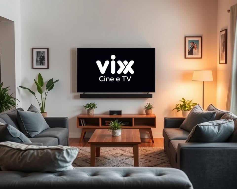 A cozy living room with a large flat-screen TV mounted on the wall, surrounded by plush grey sofas and a low wooden coffee table. Soft, warm lighting illuminates the space, creating a relaxed and inviting atmosphere. The TV screen displays the "Vix Cine e TV" logo, showcasing the free and accessible streaming platform. Plants and framed artwork adorn the walls, adding a touch of homey charm. The room is clean and uncluttered, allowing the focus to remain on the entertainment experience. The overall scene conveys a sense of comfort, accessibility, and the joy of watching films at home without any financial burden. A cozy living room with a large flat-screen TV mounted on the wall, surrounded by plush grey sofas and a low wooden coffee table. Soft, warm lighting illuminates the space, creating a relaxed and inviting atmosphere. The TV screen displays the "Vix Cine e TV" logo, showcasing the free and accessible streaming platform. Plants and framed artwork adorn the walls, adding a touch of homey charm. The room is clean and uncluttered, allowing the focus to remain on the entertainment experience. The overall scene conveys a sense of comfort, accessibility, and the joy of watching films at home without any financial burden.