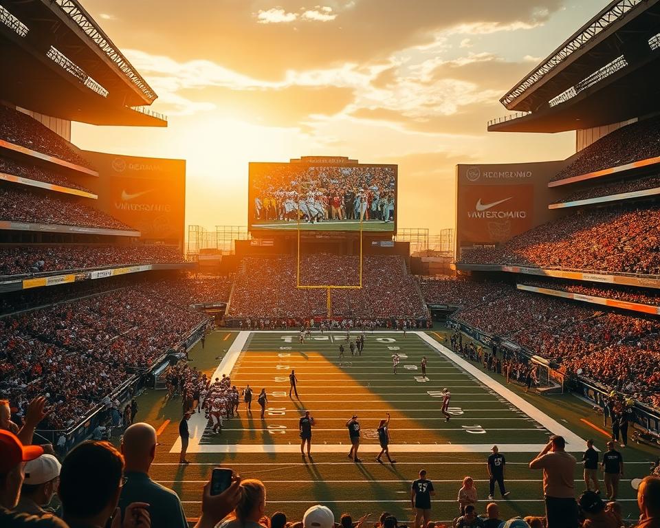 A football stadium bathed in the golden glow of the setting sun, the field bustling with players as they prepare for an NFL game. In the foreground, a large screen displays a close-up replay of a crucial play, fans leaning forward intently as they analyze the action. The middle ground features the team benches, coaches pacing and players stretching, the intensity palpable. In the background, the crowd cheers and waves, the atmosphere electric with the anticipation of the game ahead. The lighting is soft and warm, capturing the cinematic essence of the NFL experience. A wide-angle lens gives a panoramic view, immersing the viewer in the spectacle of professional football.