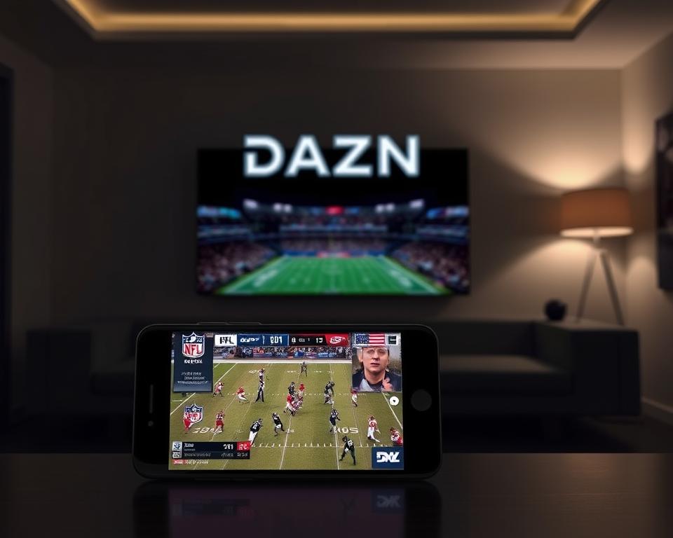 A high-resolution, detailed image showcasing the DAZN streaming platform's presentation of NFL games. In the foreground, a smartphone or tablet displays a live NFL game with sharp, vibrant video quality. Positioned slightly behind and to the side, a sleek, modern DAZN logo and branding elements establish the platform's identity. The middle ground features a dimly-lit, minimalist living room or home entertainment setting, with a comfortable couch and subtle ambient lighting, creating a cozy, immersive viewing experience. The background subtly incorporates elements that evoke the excitement and energy of NFL football, such as stadium architecture, crowd silhouettes, or team colors. The overall composition conveys a sense of premium, high-quality streaming for the ultimate NFL viewing pleasure.