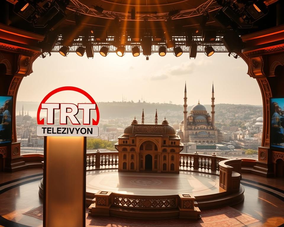 A magnificent Turkish television studio, bathed in warm, golden light. In the foreground, the iconic TRT Televizyon logo stands tall, exuding a sense of cultural tradition and heritage. The middle ground reveals a grand, ornate set, featuring intricate Turkish architectural details and ornaments, transporting the viewer to a world of historical dramas and timeless stories. The background showcases a panoramic view of a bustling city skyline, with the iconic minarets of a grand mosque in the distance, reflecting the cultural and religious influences that shape the country's artistic landscape. The overall scene radiates a feeling of authenticity, authenticity, and a deep connection to Turkey's rich cultural tapestry.