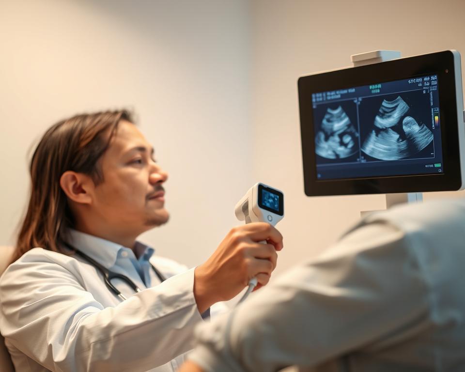 A medical professional using a handheld mobile ultrasound device, examining a patient in a clinical setting. The scene is brightly lit with soft, diffused lighting, creating a clean and professional atmosphere. The doctor's face is focused and attentive as they carefully navigate the ultrasound probe across the patient's body, capturing detailed images on the device's display. The patient is relaxed and cooperative, contributing to the overall sense of trust and care. The background is blurred, keeping the attention on the central interaction between the doctor and patient.