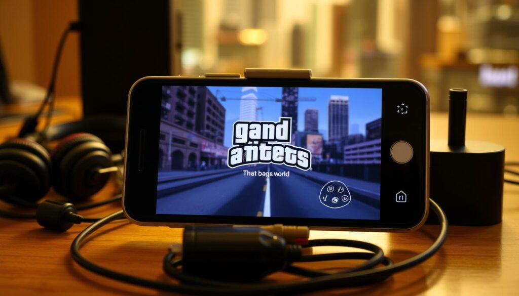 A meticulously detailed step-by-step guide to installing GTA San Andreas on a mobile device. In the foreground, a smartphone displaying the game's iconic loading screen, surrounded by assorted mobile accessories like cables, headphones, and a charging adapter. The middle ground features a crisp, high-resolution screenshot of the game's main menu, showcasing its vibrant visuals and familiar controls. In the background, a blurred cityscape evokes the gritty, open-world atmosphere of the game, with skyscrapers and neon lights setting the tone. The lighting is warm and inviting, creating a sense of excitement and anticipation for the player's upcoming mobile gaming experience.
