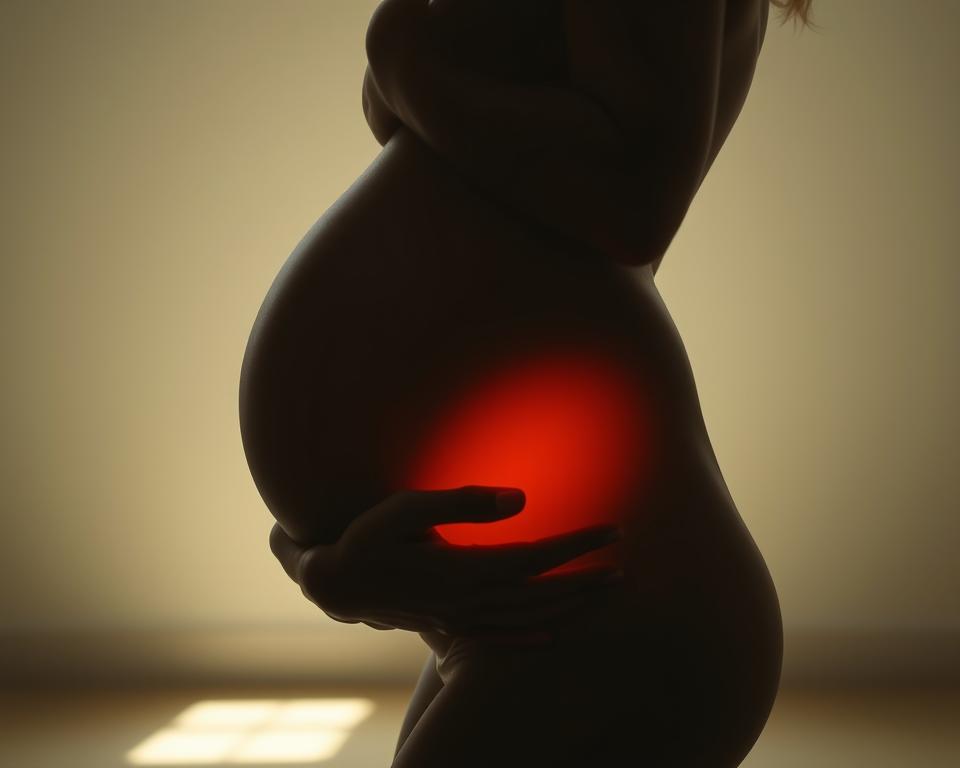 A serene and intimate portrait of a woman's pregnancy journey, captured in soft, natural lighting. In the foreground, a delicate silhouette of a pregnant belly, glowing with the radiance of new life. The middle ground reveals the woman's profile, her expression thoughtful and peaceful, as she gently cradles her growing child. The background is a tranquil, minimalist setting, allowing the subject to be the sole focus. The overall mood is one of quiet introspection, reflecting the profound personal experience of pregnancy.