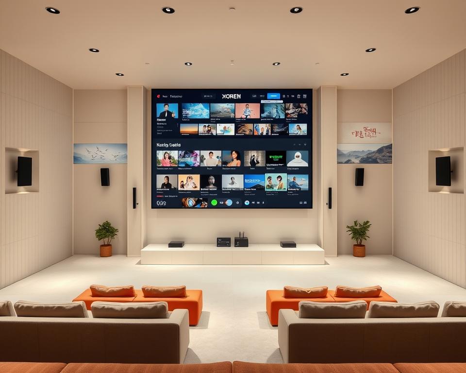 A sleek, minimalist platform showcasing a diverse array of Korean content. A large central screen dominates the foreground, flanked by clean lines and subtle Korean motifs. The middle ground features comfortable seating and soft lighting, creating an inviting atmosphere. In the background, a stylized Korean landscape mural adds a touch of cultural flair. The overall composition conveys a sense of sophistication and attention to detail, reflecting the high-quality Korean entertainment experience.