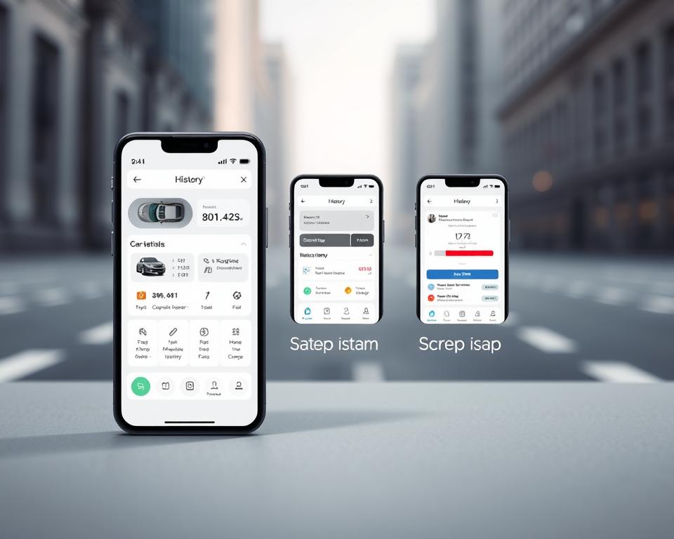 A sleek, modern mobile app interface showcasing the step-by-step usage of a car history tracking application. The foreground displays the app's main screen with clear, intuitive navigation buttons and an informative dashboard presenting vehicle details. The middle ground features a series of sequential screens demonstrating the app's core functionality, guiding the user through the process of accessing their car's maintenance records and driving history. The background depicts a minimalist, slightly blurred cityscape, setting the scene for the app's practical, on-the-go utility. Soft, diffused lighting illuminates the interface, creating a clean, user-friendly aesthetic. The overall composition conveys a sense of efficiency and ease of use, reflecting the app's purpose of providing drivers with a seamless, accessible way to manage their vehicle information.