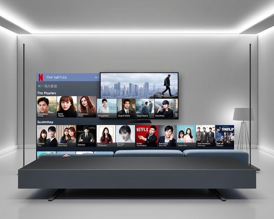 A sleek, modern platform for streaming Korean dramas with subtitles, set against a minimalist, monochromatic backdrop. The platform occupies the foreground, its clean lines and intuitive interface showcasing a selection of popular drama titles. In the middle ground, a soft-lit, cozy living room scene sets the mood, with a comfortable couch and a large, high-definition TV screen. The background features a stylized cityscape, hinting at the global reach and appeal of Korean entertainment. The overall composition conveys a sense of accessibility, quality, and immersion, reflecting the "Netflix: The Streaming Giant" section of the article.