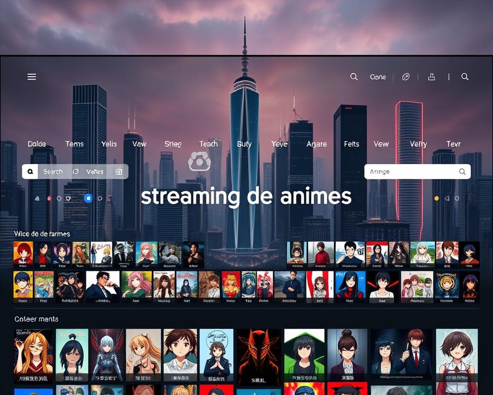 A sleek, modern streaming interface showcasing a variety of anime series, with a stylish layout and elegant typography. The foreground features a central focus on the "streaming de animes" concept, surrounded by rows of anime thumbnails and icons. The middle ground includes minimalist UI elements, such as search bars, filtering options, and user profile icons. The background depicts a sophisticated, futuristic cityscape with neon-lit skyscrapers, conveying a sense of technological advancement and the digital age. The lighting is soft and diffused, creating a warm, inviting atmosphere that draws the viewer into the immersive world of anime streaming. A sleek, modern streaming interface showcasing a variety of anime series, with a stylish layout and elegant typography. The foreground features a central focus on the "streaming de animes" concept, surrounded by rows of anime thumbnails and icons. The middle ground includes minimalist UI elements, such as search bars, filtering options, and user profile icons. The background depicts a sophisticated, futuristic cityscape with neon-lit skyscrapers, conveying a sense of technological advancement and the digital age. The lighting is soft and diffused, creating a warm, inviting atmosphere that draws the viewer into the immersive world of anime streaming.