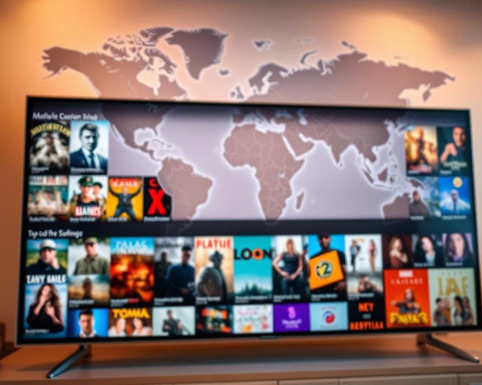 A vibrant and diverse global streaming experience, showcasing a wide array of content from around the world. In the foreground, a sleek and modern media center interface with a clean, minimalist design, displaying an enticing selection of movie, TV, and documentary titles. In the middle ground, dynamic thumbnails and cover art highlighting the breadth of the available content, from big-budget Hollywood blockbusters to acclaimed international films and series. In the background, a softly blurred world map, symbolizing the global reach and connectivity of the streaming platform. The lighting is warm and inviting, creating a sense of immersion and discovery. The camera angle is slightly angled, drawing the viewer into the captivating visual experience.