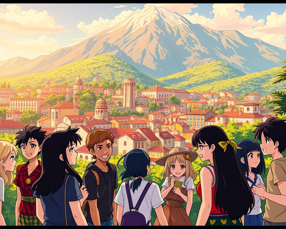 A vibrant and stylized anime scene showcasing "anime em português". In the foreground, a group of colorfully animated characters are engaged in lively conversation, their expressive faces and dynamic poses conveying a sense of camaraderie. The middle ground features a detailed cityscape, with distinctive Portuguese-inspired architecture and lush greenery, bathed in warm, golden lighting. In the background, a majestic mountain range rises, creating a sense of depth and grandeur. The overall atmosphere is one of cultural celebration, with a blend of Japanese anime aesthetics and Portuguese cultural elements. The scene is rendered with a high level of detail and a smooth, hand-drawn style, capturing the essence of "anime em português". A vibrant and stylized anime scene showcasing "anime em português". In the foreground, a group of colorfully animated characters are engaged in lively conversation, their expressive faces and dynamic poses conveying a sense of camaraderie. The middle ground features a detailed cityscape, with distinctive Portuguese-inspired architecture and lush greenery, bathed in warm, golden lighting. In the background, a majestic mountain range rises, creating a sense of depth and grandeur. The overall atmosphere is one of cultural celebration, with a blend of Japanese anime aesthetics and Portuguese cultural elements. The scene is rendered with a high level of detail and a smooth, hand-drawn style, capturing the essence of "anime em português".