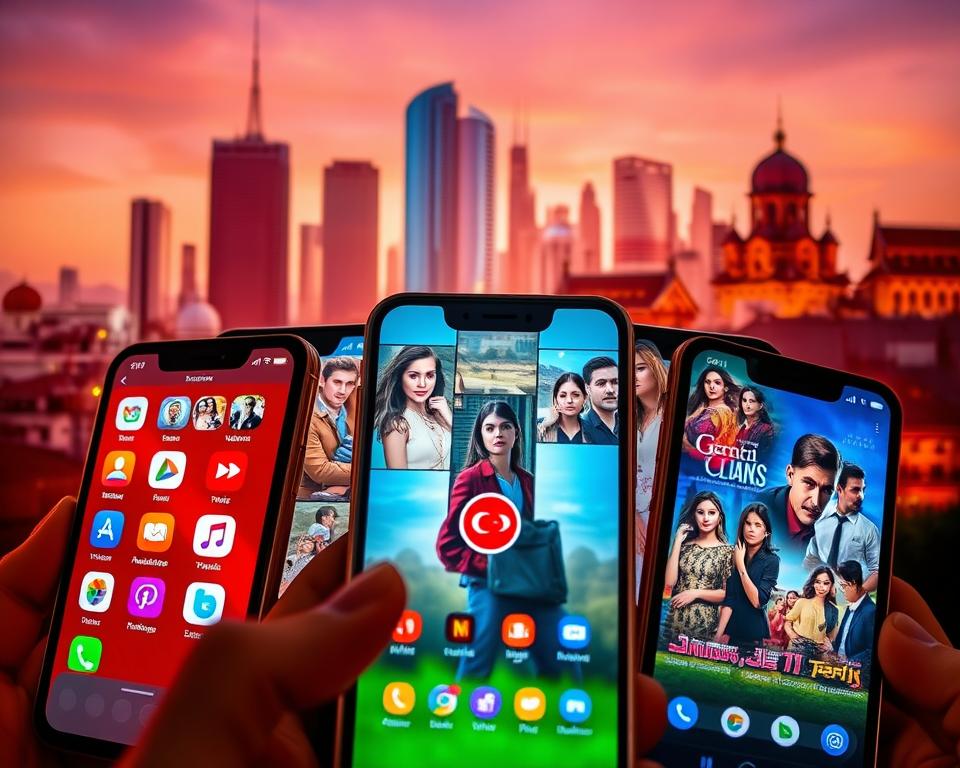 A vibrant collage showcasing the best platforms for watching Turkish dramas. In the foreground, several smartphone screens display popular streaming apps, their icons and logos shimmering with a soft, inviting glow. The middle ground features a selection of Turkish drama posters, their captivating characters and dramatic scenes rendered in vivid detail. In the background, a stylized city skyline with modern high-rises and traditional architecture creates a cosmopolitan atmosphere, subtly hinting at the global appeal of these captivating TV shows. The overall composition radiates a sense of accessibility, entertainment, and the rich cultural tapestry of Turkish television.