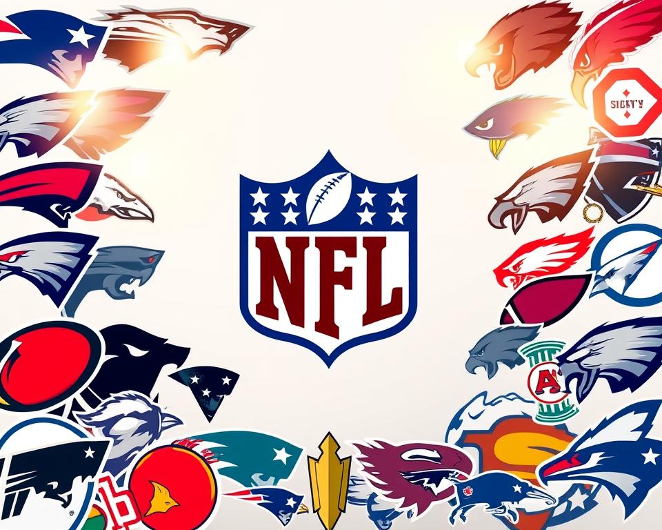 A vibrant, dynamic illustration of the NFL team logos, showcasing the rich diversity and rivalries within the league. The logos are displayed prominently in the foreground, arranged in an eye-catching, symmetrical pattern that fills the frame. The middle ground features a clean, minimalist background, allowing the logos to take center stage. Subtle light sources cast a warm, golden glow, creating a sense of energy and excitement. The overall composition conveys the passion and enthusiasm of NFL fans, capturing the essence of the league's identity and the thrill of following their favorite teams.