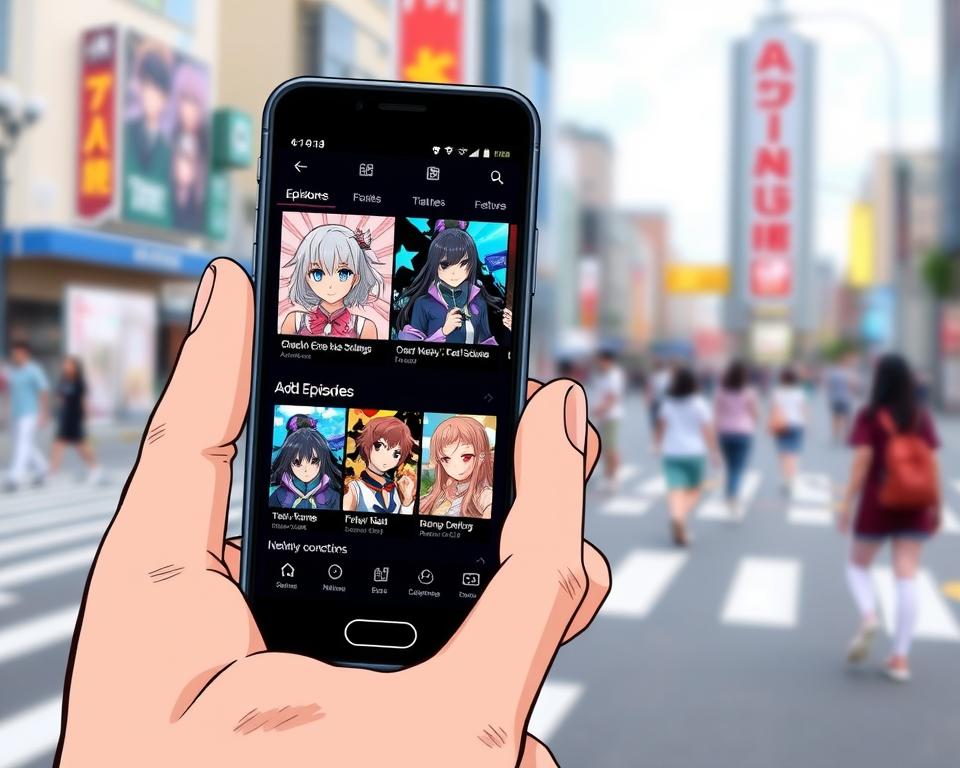 A vibrant, manga-inspired scene of a smartphone screen showcasing various anime-themed features and options. In the foreground, a stylized hand holds the device, highlighting the intuitive user interface and customization tools. The middle ground features a collection of anime character avatars, episode listings, and streaming controls, all rendered in a dynamic, colorful style. The background depicts a blurred cityscape, suggesting the on-the-go accessibility of the app. The overall composition conveys a sense of immersion, exploration, and the joy of discovering new anime content through a sleek, user-friendly mobile platform.