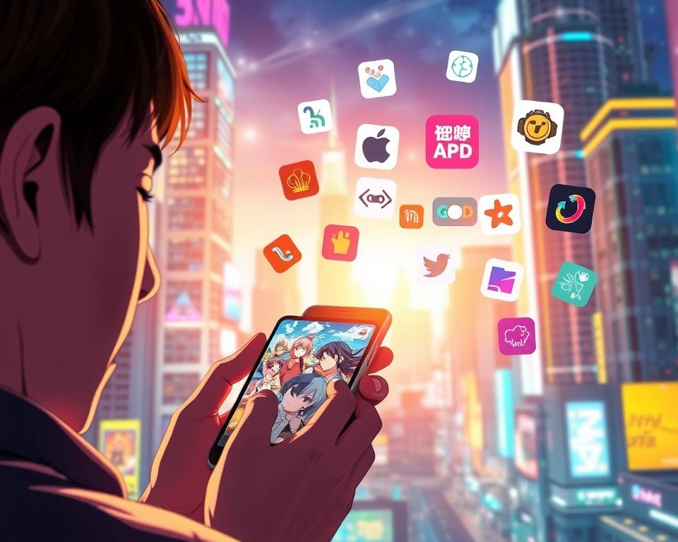 A vibrant scene showcasing the advantages of using anime apps on a mobile device. In the foreground, a smartphone display illuminates the user's face, bathed in a soft, warm glow. The screen depicts a captivating anime scene, with dynamic characters and vibrant colors. In the middle ground, various mobile app icons and logos float, representing the diverse selection of anime content available. The background is a futuristic cityscape, with neon-lit skyscrapers and holograms, conveying the seamless integration of technology and entertainment. The overall mood is one of excitement, exploration, and the joy of accessing anime anytime, anywhere on a mobile platform. A vibrant scene showcasing the advantages of using anime apps on a mobile device. In the foreground, a smartphone display illuminates the user's face, bathed in a soft, warm glow. The screen depicts a captivating anime scene, with dynamic characters and vibrant colors. In the middle ground, various mobile app icons and logos float, representing the diverse selection of anime content available. The background is a futuristic cityscape, with neon-lit skyscrapers and holograms, conveying the seamless integration of technology and entertainment. The overall mood is one of excitement, exploration, and the joy of accessing anime anytime, anywhere on a mobile platform.