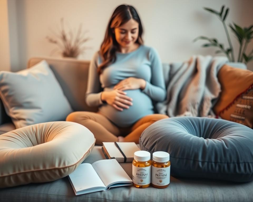 A warm, softly lit interior setting featuring a pregnant woman sitting comfortably on a couch, surrounded by a carefully curated collection of pregnancy-related tools and accessories. In the foreground, a selection of ergonomic maternity pillows, prenatal supplements, and a pregnancy journal lie neatly arranged. In the middle ground, the woman gently caresses her baby bump, her expression serene and contemplative. The background showcases a soothing, neutral-toned color palette, with a potted plant and a cozy throw blanket adding to the tranquil ambiance. The overall scene conveys a sense of mindfulness, self-care, and the joyful anticipation of the pregnancy journey. A warm, softly lit interior setting featuring a pregnant woman sitting comfortably on a couch, surrounded by a carefully curated collection of pregnancy-related tools and accessories. In the foreground, a selection of ergonomic maternity pillows, prenatal supplements, and a pregnancy journal lie neatly arranged. In the middle ground, the woman gently caresses her baby bump, her expression serene and contemplative. The background showcases a soothing, neutral-toned color palette, with a potted plant and a cozy throw blanket adding to the tranquil ambiance. The overall scene conveys a sense of mindfulness, self-care, and the joyful anticipation of the pregnancy journey.