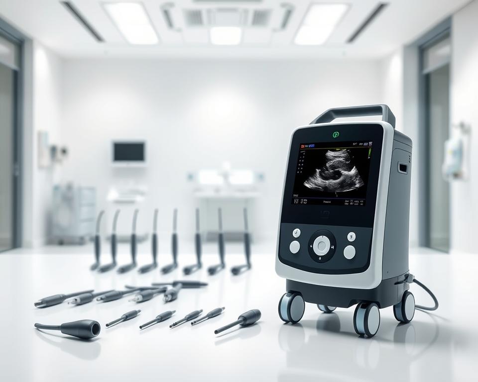 A well-lit, high-quality image of portable ultrasound equipment. In the foreground, a sleek, compact ultrasound machine with a high-resolution touchscreen display. The middle ground features a collection of transducer probes in various sizes, carefully arranged. In the background, a modern medical setting with a clean, minimalist aesthetic, showcasing the mobility and versatility of the equipment. The lighting is soft and even, highlighting the precision and advanced technology of the devices. The overall atmosphere conveys a sense of professionalism, innovation, and the potential for convenient, on-the-go medical imaging.
