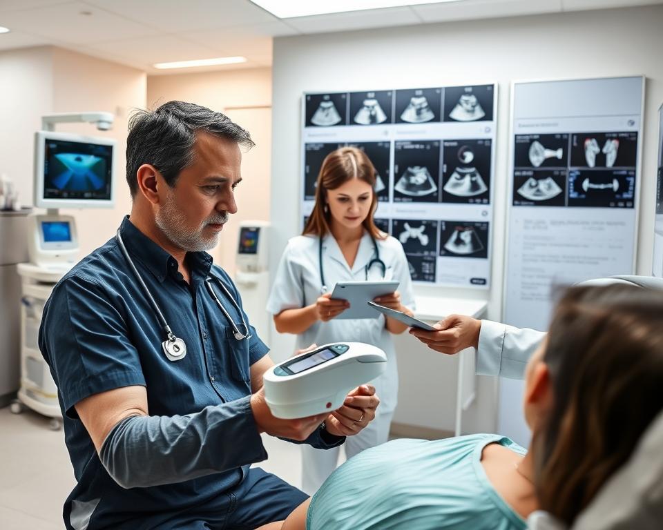 Detailed illustration of ultrasound solutions for both professionals and patients. A modern medical clinic interior with state-of-the-art ultrasound equipment, clean and well-lit. In the foreground, a doctor demonstrating an ultrasound device on a patient, their expressions focused and engaged. In the middle ground, a nurse reviewing patient data on a tablet. The background features a display board showcasing various ultrasound imaging techniques and applications. The overall atmosphere conveys a sense of professionalism, innovation, and patient-centric care. Detailed illustration of ultrasound solutions for both professionals and patients. A modern medical clinic interior with state-of-the-art ultrasound equipment, clean and well-lit. In the foreground, a doctor demonstrating an ultrasound device on a patient, their expressions focused and engaged. In the middle ground, a nurse reviewing patient data on a tablet. The background features a display board showcasing various ultrasound imaging techniques and applications. The overall atmosphere conveys a sense of professionalism, innovation, and patient-centric care.