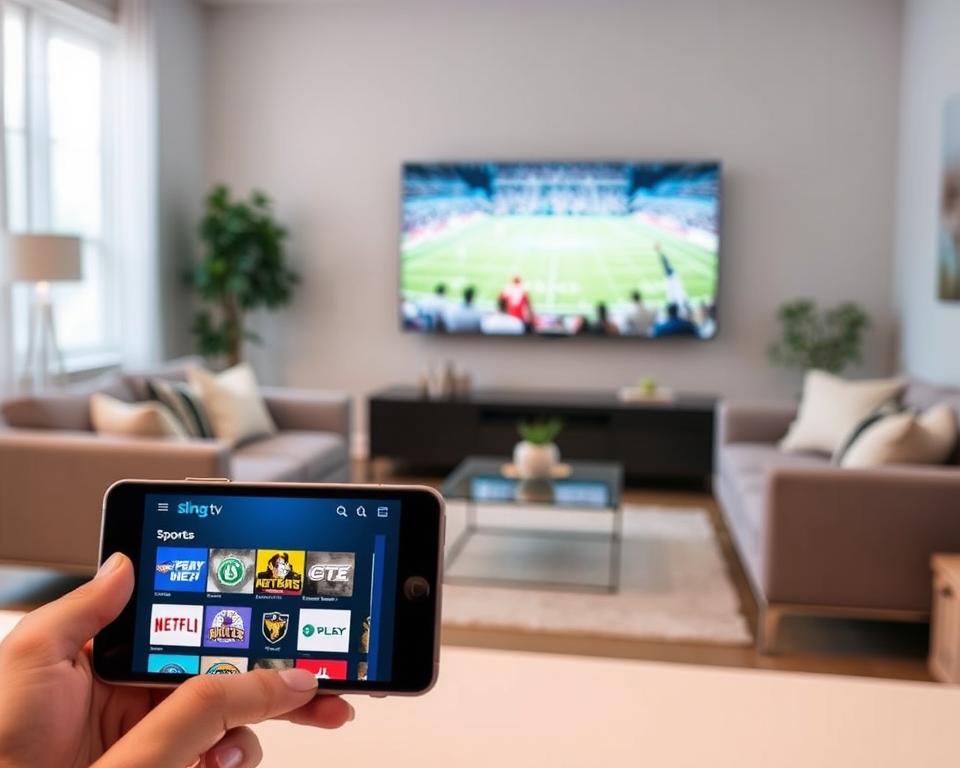 Sling TV: a streaming service showcasing a vibrant array of sports channels. In the foreground, a sleek mobile device displays the Sling TV interface, highlighting the flexibility to choose from a diverse selection of sports networks. The middle ground features a clean, modern living room setting, with a cozy sofa and minimalist decor, creating an inviting atmosphere for sports enthusiasts. In the background, a large, high-definition television screen displays a captivating live sports event, immersing the viewer in the action. Soft, warm lighting and a subtle chromatic palette evoke a sense of comfort and entertainment, reflecting the overall experience of enjoying sports content through the Sling TV platform.
