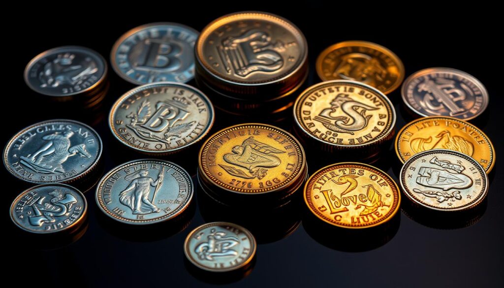 A collection of rare and valuable coins with striking minting errors, illuminated by warm, directional studio lighting that accentuates their intricate designs and imperfections. The coins are displayed on a dark, reflective surface, allowing the viewer to appreciate the fine details and unusual characteristics that make them desirable to collectors. The arrangement of the coins creates a sense of visual harmony, inviting the viewer to examine each piece closely and discover the unique stories they hold.