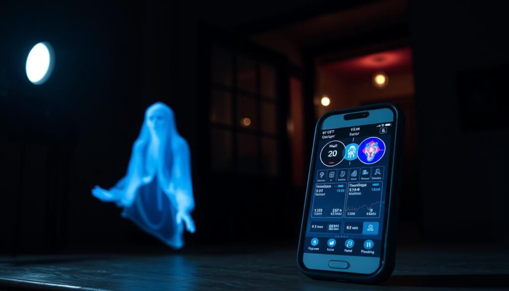 A dimly lit room with an array of paranormal detection equipment, including an infrared camera, EMF detector, and thermal imaging sensor. In the foreground, a ghostly apparition materializes, its ethereal form emitting a faint blue glow. The middle ground features a sleek, futuristic-looking handheld device, the "Ghost Detector App," displaying real-time readings and data visualizations. The background showcases a shadowy, atmospheric environment with hints of paranormal activity, such as flickering lights and ectoplasmic traces. The scene conveys a sense of scientific investigation and the thrill of uncovering the unseen.