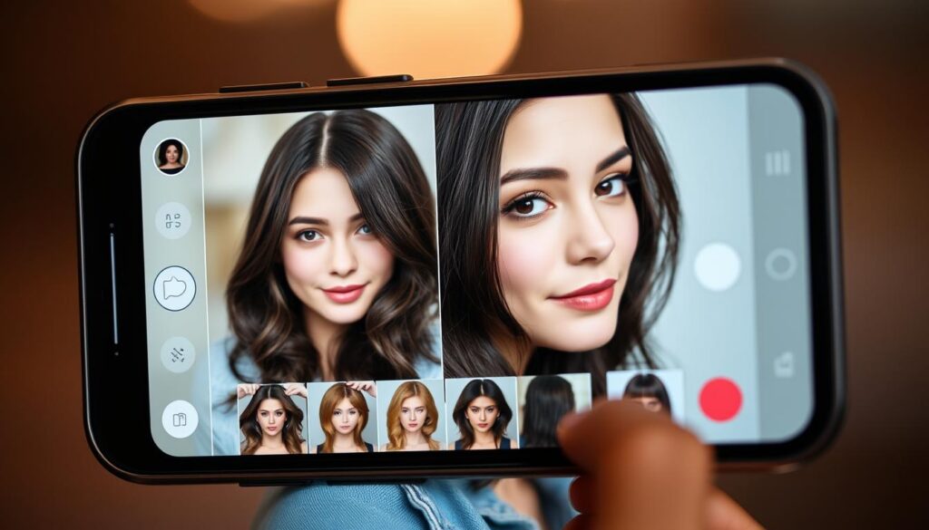 A high-resolution close-up of a smartphone screen displaying the YouCam Makeup app's advanced hair simulation feature. The screen shows a young woman with medium-length dark hair, her face clearly visible as she experiments with various hairstyles and hair colors. The lighting is soft and flattering, creating a warm, inviting atmosphere. The background is blurred, placing the focus entirely on the interactive hair simulation interface. The overall scene conveys the power and accuracy of the mobile app in helping users visualize potential hair transformations.