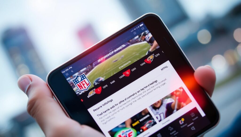 A mobile device displaying the NFL app, with a crisp, high-resolution screen and vibrant colors. The interface is streamlined and intuitive, showcasing live game scores, highlights, and options to customize viewing preferences. The background features a blurred city skyline, suggesting the versatility of mobile streaming for NFL fans on the go. Subtle lens flares and soft lighting create a sense of energy and excitement, evoking the thrill of watching the game from the palm of your hand.
