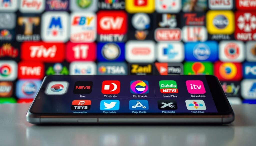 A vibrant and modern collection of free mobile apps for streaming live TV channels, displayed on a sleek and minimalist device interface. The foreground features several app icons and logos against a blurred background of various TV channel logos and graphics, creating a dynamic and visually appealing composition. The lighting is soft and diffused, giving the image a warm and inviting atmosphere. The overall scene conveys a sense of accessibility, convenience, and the wealth of free TV content available at one's fingertips. A vibrant and modern collection of free mobile apps for streaming live TV channels, displayed on a sleek and minimalist device interface. The foreground features several app icons and logos against a blurred background of various TV channel logos and graphics, creating a dynamic and visually appealing composition. The lighting is soft and diffused, giving the image a warm and inviting atmosphere. The overall scene conveys a sense of accessibility, convenience, and the wealth of free TV content available at one's fingertips.