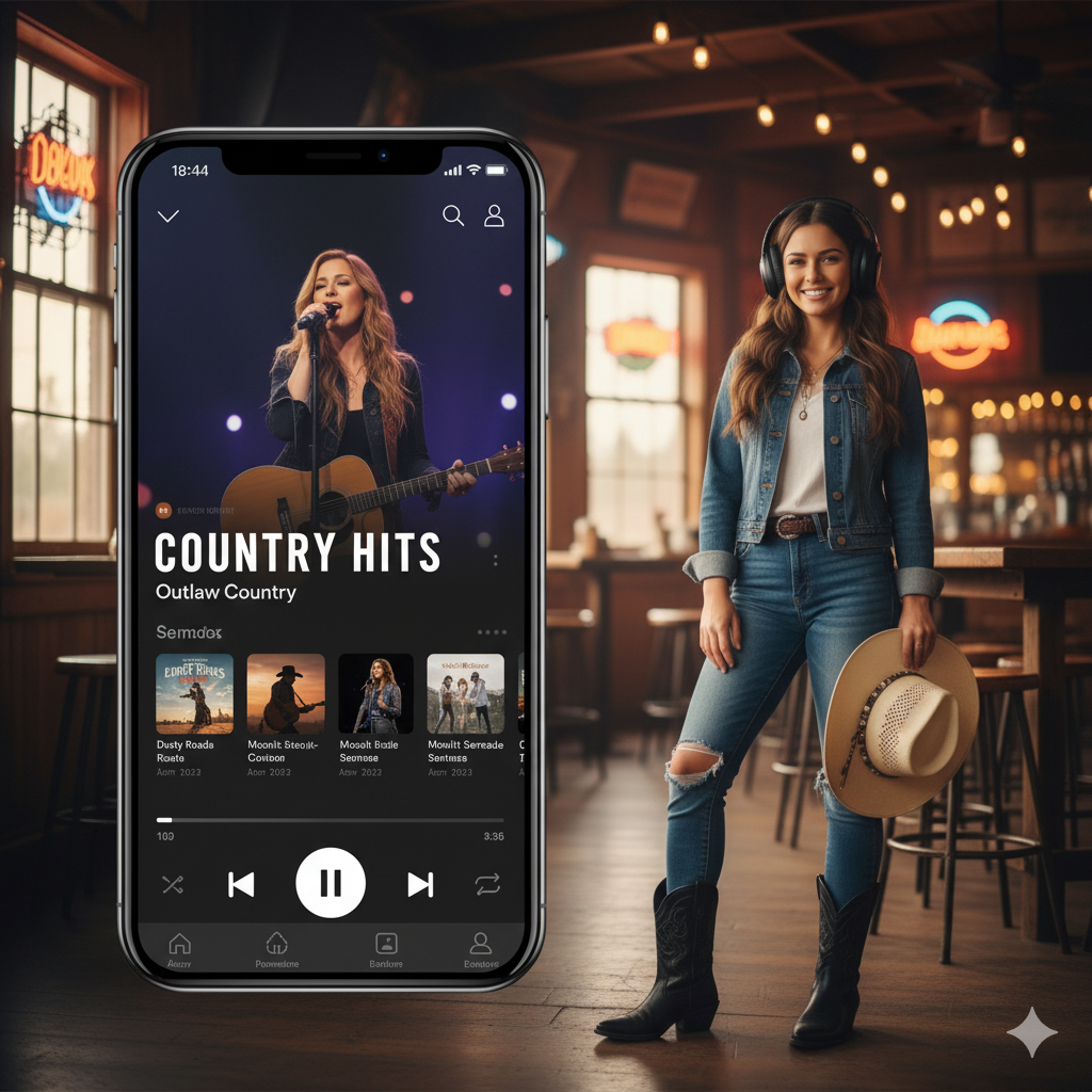 A cozy country music radio studio with warm lighting and a vintage aesthetic. In the foreground, a wooden control panel with analog dials and knobs, framed by a retro microphone. Behind it, a large soundboard with sliders and LED meters, giving the impression of a professional audio setup. In the middle ground, a pair of studio headphones and a tablet displaying music playback controls. In the background, shelves filled with vinyl records and weathered wooden paneling, creating a rustic and authentic atmosphere. Overall, the scene conveys a sense of expertise and attention to detail in the world of country music radio.