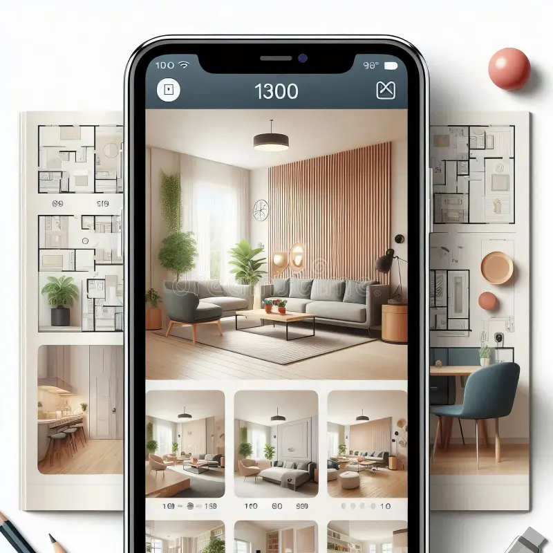A beautifully remodeled modern home interior, showcasing a visually stunning AI-powered decor. In the foreground, a sleek, minimalist living room with a large, curved sofa and plush armchairs arranged around a low, glass coffee table. Walls are adorned with abstract, generative art pieces that shift and evolve dynamically. Soft, ambient lighting emanates from concealed fixtures, creating a warm and inviting atmosphere. In the middle ground, a spacious, open-concept kitchen with gleaming, state-of-the-art appliances and a central island. Elegant pendant lights hang above, casting a gentle glow. The background features floor-to-ceiling windows, offering a panoramic view of a lush, verdant garden outside. The overall aesthetic is modern, sophisticated, and entirely reimagined through the power of AI-driven design.