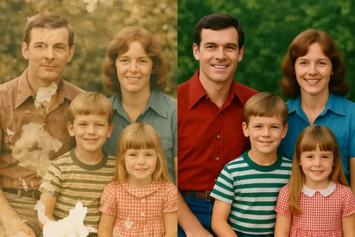 Vivid image of the advantages of AI for image enhancement. Foreground showcases an old, low-quality photograph transforming into a crisp, high-definition image through AI-powered upscaling and restoration. Muted, nostalgic tones in the background represent traditional methods. Vibrant, futuristic lighting and advanced technology symbolize the power of AI to breathe new life into vintage photos. Sleek, minimalist UI elements hint at the seamless user experience. Cinematic angles and depth-of-field create a sense of awe and wonder at the technological capabilities. Warm, inspiring atmosphere conveys the excitement of unlocking the full potential of cherished memories.