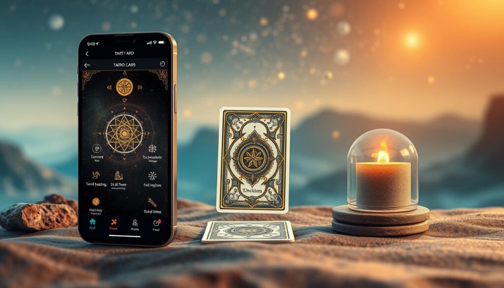 A beautifully designed tarot card app interface, showcasing its core functionalities. In the foreground, a user-friendly layout with intuitive icons and buttons, highlighting features like daily tarot readings, card interpretations, and personalized tarot journeys. The middle ground features a tarot card deck, its intricate designs and symbols captivating the viewer. In the background, a serene, mystical landscape with celestial elements, creating a sense of wonder and connection to the ancient art of tarot. Warm, diffused lighting illuminates the scene, evoking a calming, meditative atmosphere. The overall composition conveys the app's ability to provide a truly immersive and personalized tarot experience.