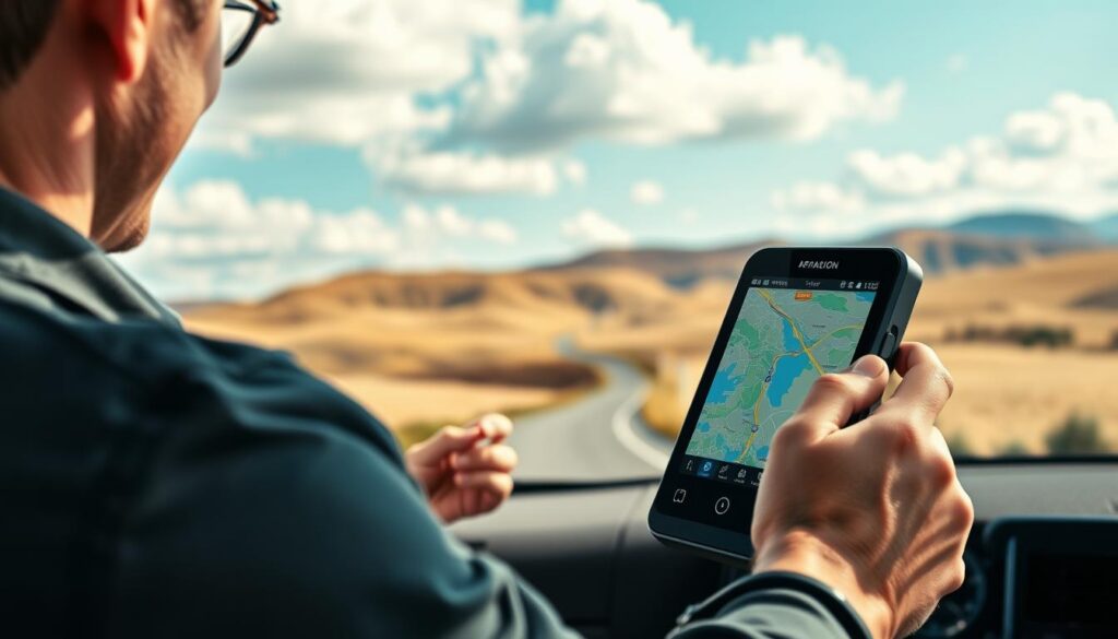 A futuristic scene depicting offline GPS navigation technology in action. In the foreground, a sleek, high-tech GPS device displays a vibrant map with highlighted routes. An individual, dressed in a casual yet professional outfit, engages with the device, looking pleased as they plan their route. In the middle ground, a beautiful, serene landscape unfolds with rolling hills and an open road, showcasing diverse terrains, signaling the versatility of offline navigation. The background features a clear blue sky with fluffy clouds, suggesting a bright and promising future. Soft, natural lighting bathes the scene, creating an inviting atmosphere of exploration and adventure, captured from a slightly elevated angle to emphasize the device and surroundings. A futuristic scene depicting offline GPS navigation technology in action. In the foreground, a sleek, high-tech GPS device displays a vibrant map with highlighted routes. An individual, dressed in a casual yet professional outfit, engages with the device, looking pleased as they plan their route. In the middle ground, a beautiful, serene landscape unfolds with rolling hills and an open road, showcasing diverse terrains, signaling the versatility of offline navigation. The background features a clear blue sky with fluffy clouds, suggesting a bright and promising future. Soft, natural lighting bathes the scene, creating an inviting atmosphere of exploration and adventure, captured from a slightly elevated angle to emphasize the device and surroundings.