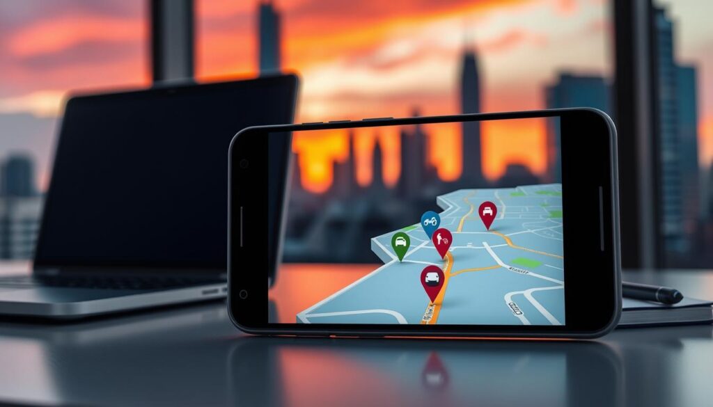 A futuristic smartphone screen displaying a vibrant map with multiple location markers, showcasing various tracking features for Android devices. In the foreground, the smartphone is placed on a sleek desk with a laptop and a notepad in soft focus. In the middle ground, the map displays dynamic icons for diverse tracking scenarios: a car, a bike, and a pedestrian, illustrating versatility in usage. The background includes a cityscape with skyscrapers during sunset, casting warm reddish-orange hues in the sky, giving a sense of adventure and exploration. The lighting is soft and inviting, enhancing the technology's accessibility. The atmosphere feels modern and professional, aimed at tech-savvy users looking for efficient tracking solutions. A futuristic smartphone screen displaying a vibrant map with multiple location markers, showcasing various tracking features for Android devices. In the foreground, the smartphone is placed on a sleek desk with a laptop and a notepad in soft focus. In the middle ground, the map displays dynamic icons for diverse tracking scenarios: a car, a bike, and a pedestrian, illustrating versatility in usage. The background includes a cityscape with skyscrapers during sunset, casting warm reddish-orange hues in the sky, giving a sense of adventure and exploration. The lighting is soft and inviting, enhancing the technology's accessibility. The atmosphere feels modern and professional, aimed at tech-savvy users looking for efficient tracking solutions.