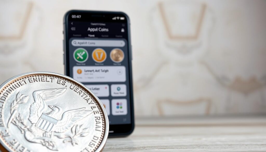 A high-quality, realistic digital illustration of a mobile app interface for coin identification and evaluation. The app's main screen is prominently displayed, showcasing a clean and intuitive design with easy-to-use features. The foreground features a close-up view of a silver coin, its details and texture clearly visible. The middle ground shows the app's user interface, with various tools and options for analyzing and appraising coins. The background depicts a soft, blurred out setting, creating a focus on the app interface. The lighting is natural and directional, casting subtle shadows and highlights to enhance the three-dimensional depth. The overall mood is professional, informative, and visually appealing, suitable for an article on the best coin identification apps.