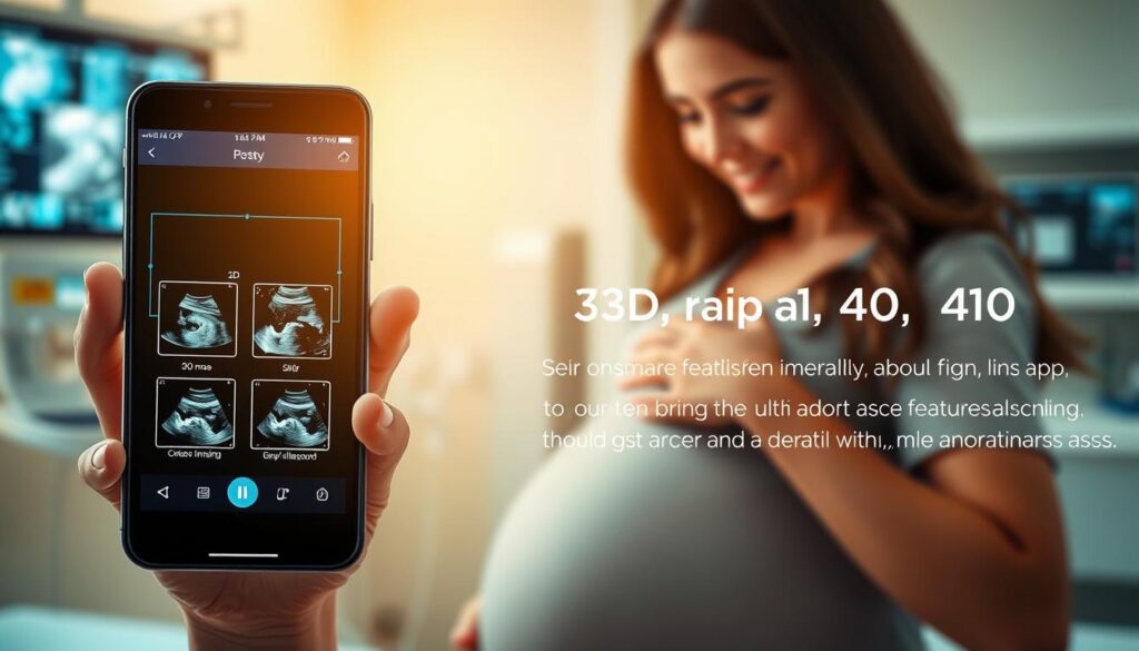 A highly detailed, cinematic illustration of the key features and functionalities of a mobile ultrasound app. The foreground shows a close-up of a modern smartphone displaying the app's three main modes - 2D, 3D, and 4D ultrasound scanning - with clean, intuitive user interfaces. The middle ground features a pregnant woman cradling her belly, her expression filled with awe and wonder as she views the vivid, lifelike image of her unborn child on the smartphone screen. The background is a softly blurred medical setting, with subtle cues like medical equipment and diagnostic monitors to convey the professional, clinical context. Warm, natural lighting bathes the scene, creating a serene, emotionally resonant atmosphere that highlights the app's ability to bring the wonder of ultrasound imaging to the user's fingertips. A highly detailed, cinematic illustration of the key features and functionalities of a mobile ultrasound app. The foreground shows a close-up of a modern smartphone displaying the app's three main modes - 2D, 3D, and 4D ultrasound scanning - with clean, intuitive user interfaces. The middle ground features a pregnant woman cradling her belly, her expression filled with awe and wonder as she views the vivid, lifelike image of her unborn child on the smartphone screen. The background is a softly blurred medical setting, with subtle cues like medical equipment and diagnostic monitors to convey the professional, clinical context. Warm, natural lighting bathes the scene, creating a serene, emotionally resonant atmosphere that highlights the app's ability to bring the wonder of ultrasound imaging to the user's fingertips.