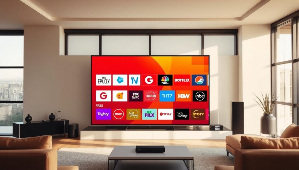 A modern living room with a large, sleek Google TV device prominently displayed. The TV screen showcases a vibrant, colorful array of free TV channel logos, signifying the wide selection of free content available. The room is bathed in warm, inviting lighting, with minimalist decor and large windows providing a sense of openness and airiness. The scene conveys a feeling of convenience, entertainment, and the ability to access a diverse range of free programming at the user's fingertips through the power of Google TV.