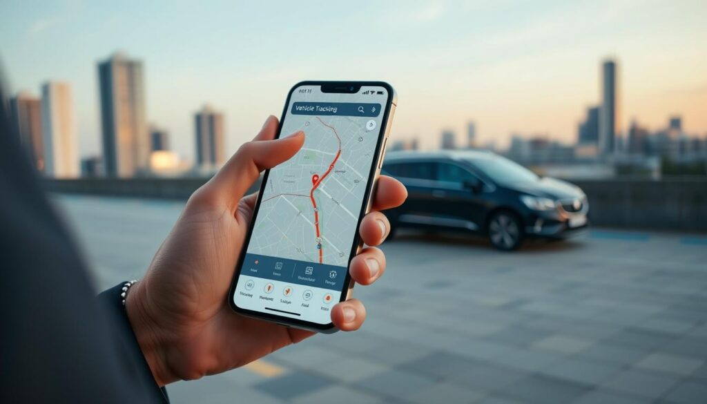 A modern smartphone displaying a vehicle tracking application interface, showcasing a live map with vehicle locations and routes. In the foreground, a person in professional attire interacts with the phone, focusing on tracking features. The middle ground features a sleek car parked nearby, symbolizing the vehicles being monitored. The background depicts a cityscape with clear skies, symbolizing connectivity and modern technology. Soft, ambient lighting enhances the scene to create a sense of reliability and innovation. The angle is slightly above eye level, providing a dynamic perspective that emphasizes the technology in use. The overall mood is focused and professional, suggesting efficiency and modern solutions in vehicle monitoring.