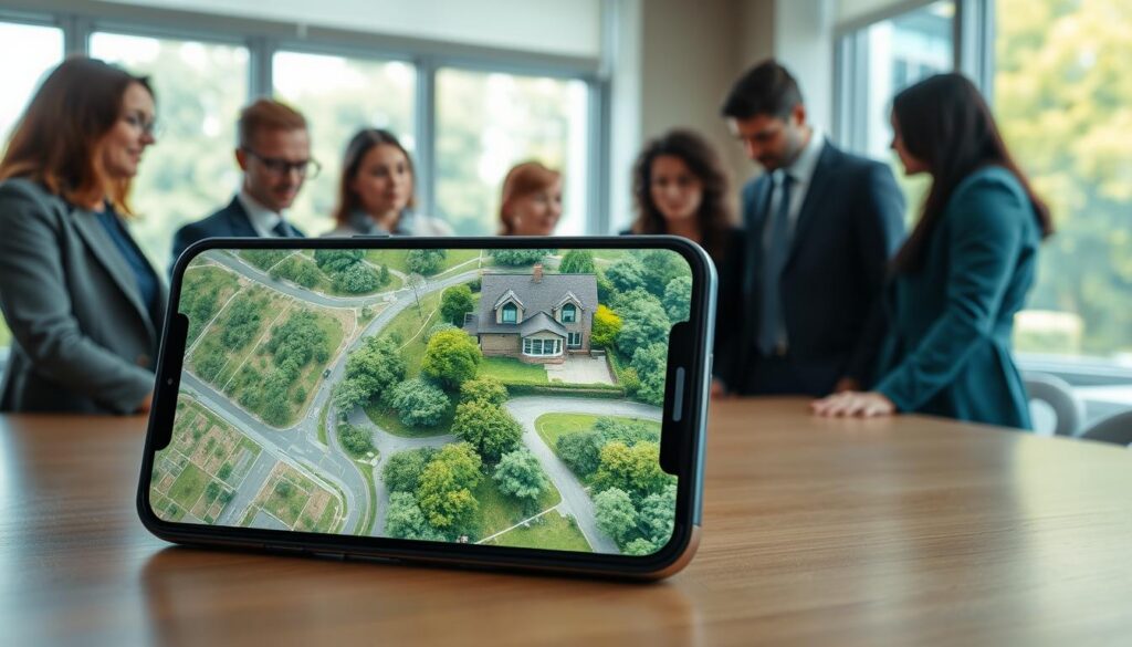 A modern smartphone displaying a vibrant satellite mode interface, showcasing a detailed aerial map of a house surrounded by lush greenery. In the foreground, the phone's screen is highlighted with a soft glow, emphasizing the active satellite imagery. In the middle ground, a diverse group of professional individuals, dressed in smart casual attire, is gathered around a table, attentively looking at the smartphone and discussing the satellite features. The background features a bright, sunlit room with large windows, casting gentle, natural light into the space, creating an inviting atmosphere. The overall mood exudes curiosity and innovation, perfectly illustrating the concept of activating satellite mode on a mobile device. A modern smartphone displaying a vibrant satellite mode interface, showcasing a detailed aerial map of a house surrounded by lush greenery. In the foreground, the phone's screen is highlighted with a soft glow, emphasizing the active satellite imagery. In the middle ground, a diverse group of professional individuals, dressed in smart casual attire, is gathered around a table, attentively looking at the smartphone and discussing the satellite features. The background features a bright, sunlit room with large windows, casting gentle, natural light into the space, creating an inviting atmosphere. The overall mood exudes curiosity and innovation, perfectly illustrating the concept of activating satellite mode on a mobile device.