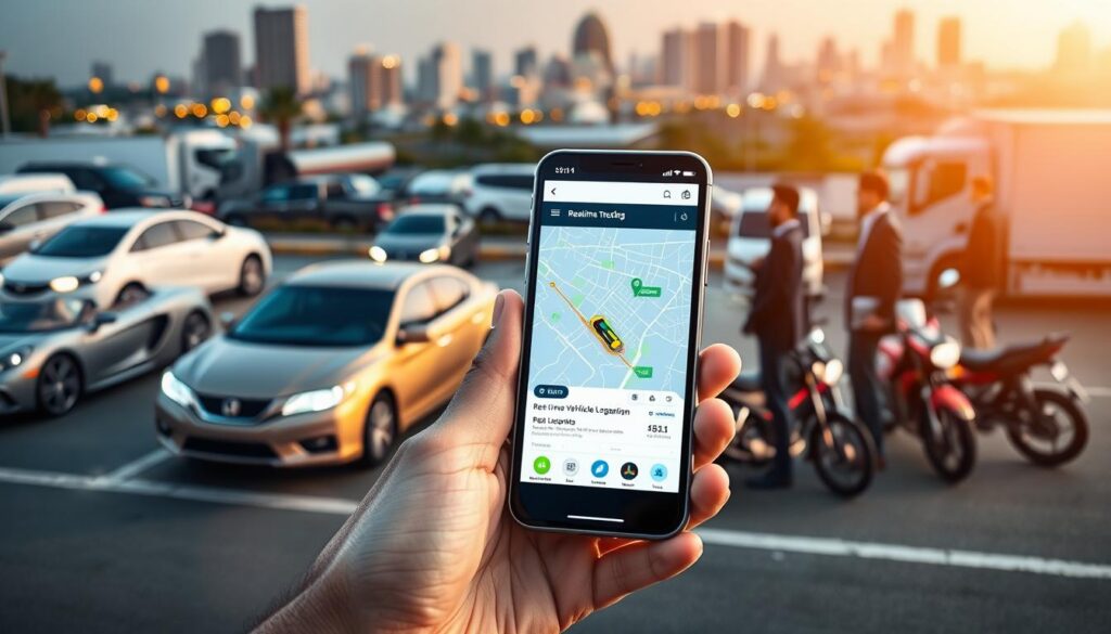 A modern vehicles tracking system scene illustrating the tangible benefits of vehicle tracking. In the foreground, a sleek, high-tech smartphone displays a vibrant app interface showing real-time vehicle locations. In the middle ground, a diverse group of professionals in business attire gathers around a dashboard displaying tracking data and analytics, looking engaged and focused. In the background, various vehicles including cars, motorcycles, and trucks are parked securely, while a cityscape with dynamic lighting enhances the atmosphere of safety and efficiency. The image should have bright, clear lighting to reflect a professional mood, captured from a slightly elevated angle to provide depth, with a shallow depth of field to emphasize the smartphone and the professionals.
