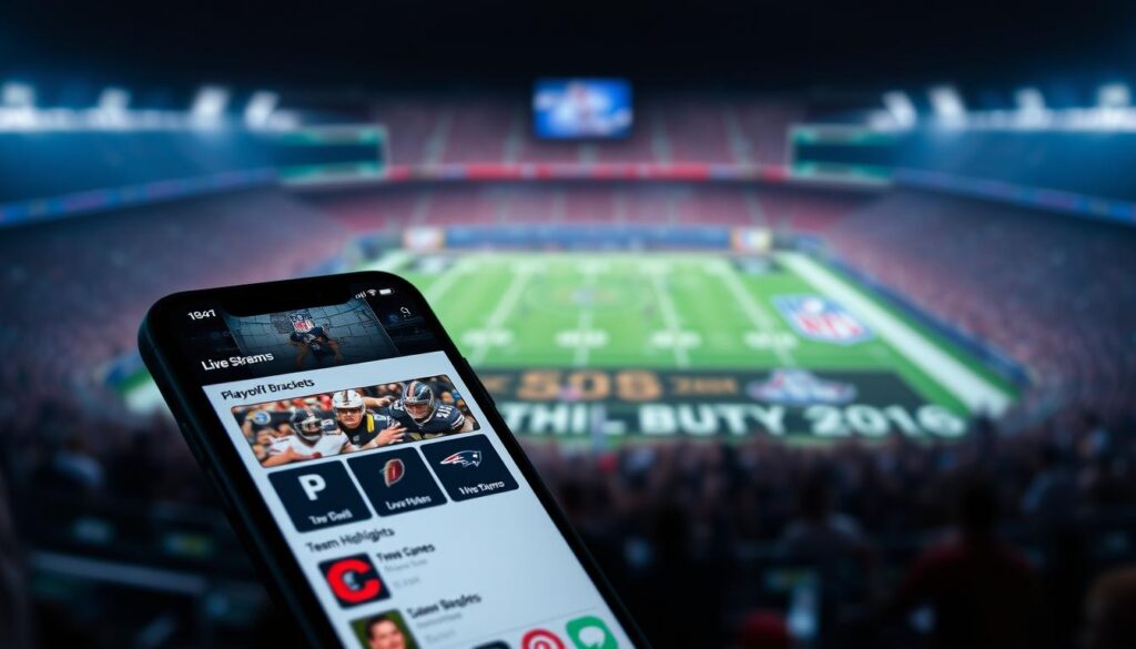 A professional and modern mobile app interface showcasing the NFL streaming experience. In the foreground, a smartphone display shows the app's main menu, featuring prominent buttons for accessing live games, playoff brackets, and team highlights. The middle ground depicts a sleek, minimalist app design with clean typography and intuitive navigation. The background subtly evokes the energy of NFL stadiums, with blurred crowd shots and team logos adding visual interest. The overall mood is one of excitement and anticipation, capturing the thrill of following the playoffs and big games through a seamless, user-friendly mobile app.