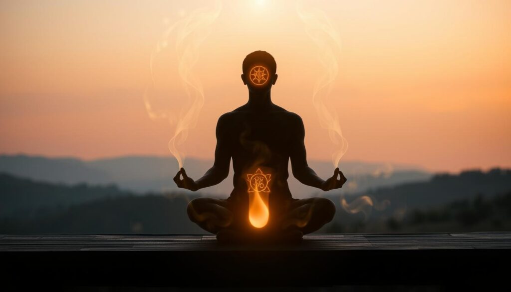 A serene and introspective scene of a person in a meditative pose, surrounded by glowing spiritual symbols and ethereal energy fields. The figure is seated cross-legged on a wooden platform, bathed in soft, warm lighting that emanates from above. Wisps of smoke or energy currents gently swirl around the figure, creating a sense of connection to the spiritual realm. The background is a tranquil, natural landscape with rolling hills and a distant horizon. The overall atmosphere evokes a sense of harmony, balance, and responsible spiritual practice.